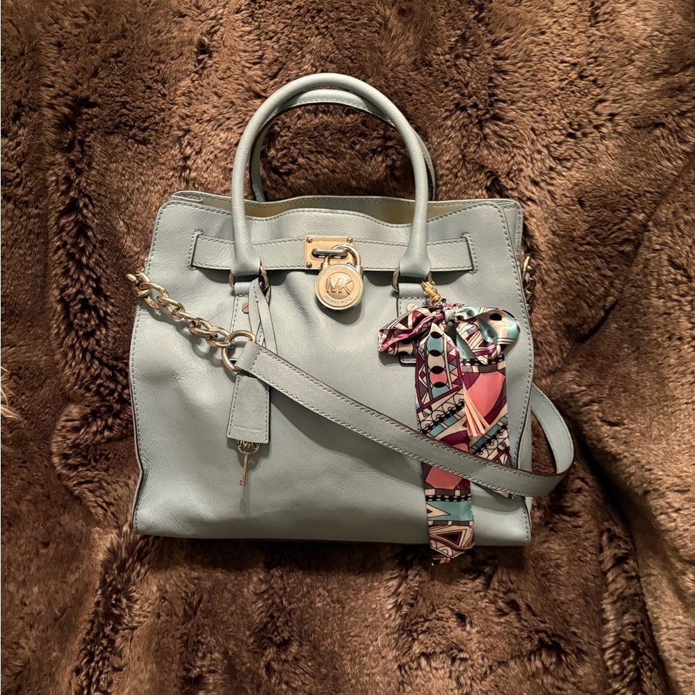 Elegant baby blue Michael Kors Hamilton Handbag with Scarf Accent
